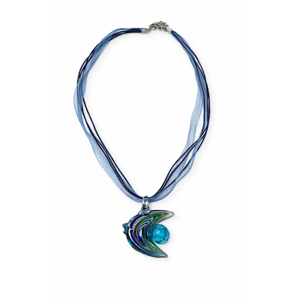 Blue Art Glass Swirl Fish Pendant Necklace on Multi-Strand Ribbon Cord